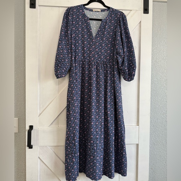 Marine Layer Lola 3/ Balloon Sleeve Midi Dress Floral Blue XL - Picture 3 of 10